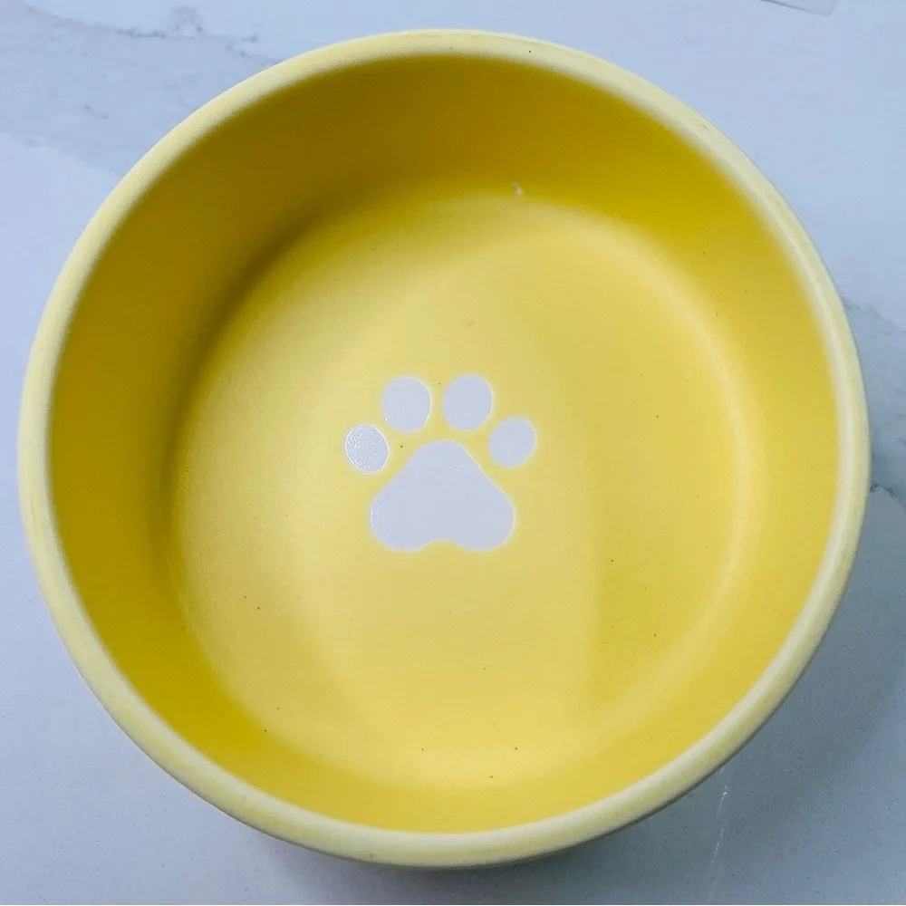 Signature Colorful yellow Bowl 5” X 2” Round Dog Cat Food Water Puppy Kitten Paw